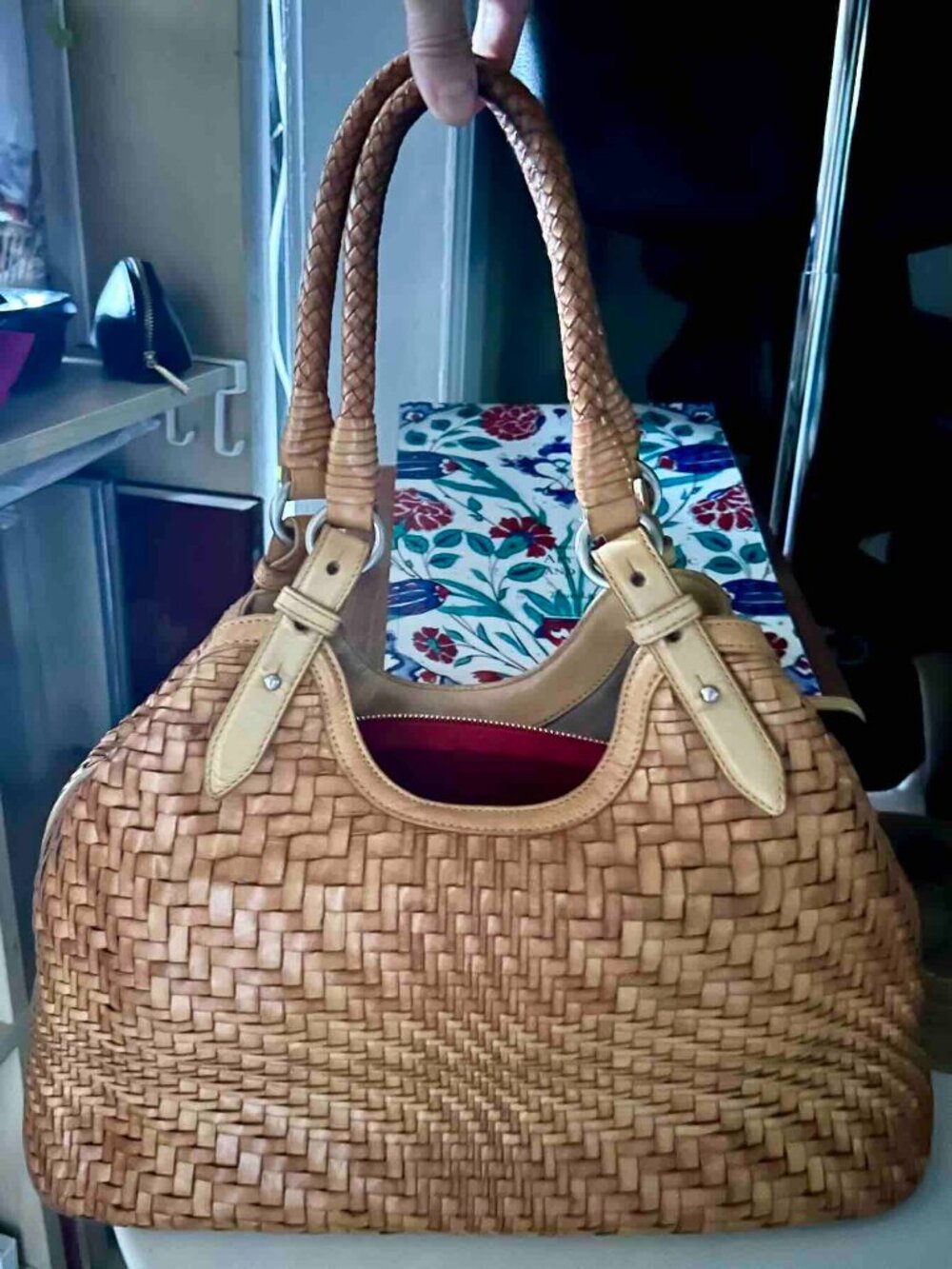 Vintage ColeHaan Triangle Leather "Genevieve" woven shoulder bag purseFlorentine